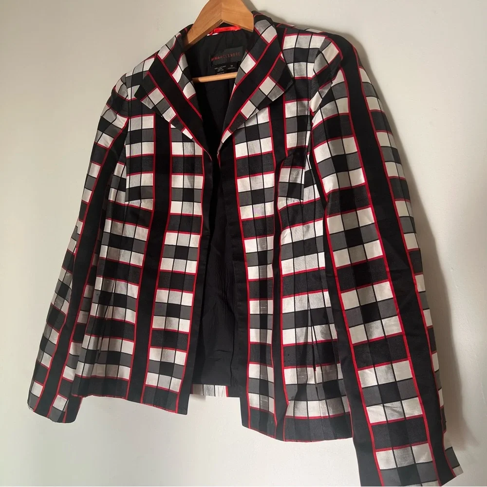 Nina Mclemore Red Black White Checked Silk Blazer Size 10 - Picture 4 of 15